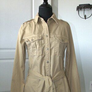 J.Crew Khaki Twill Button Up Lon Sleeve Shirt Dress no size tag but maybe Medium